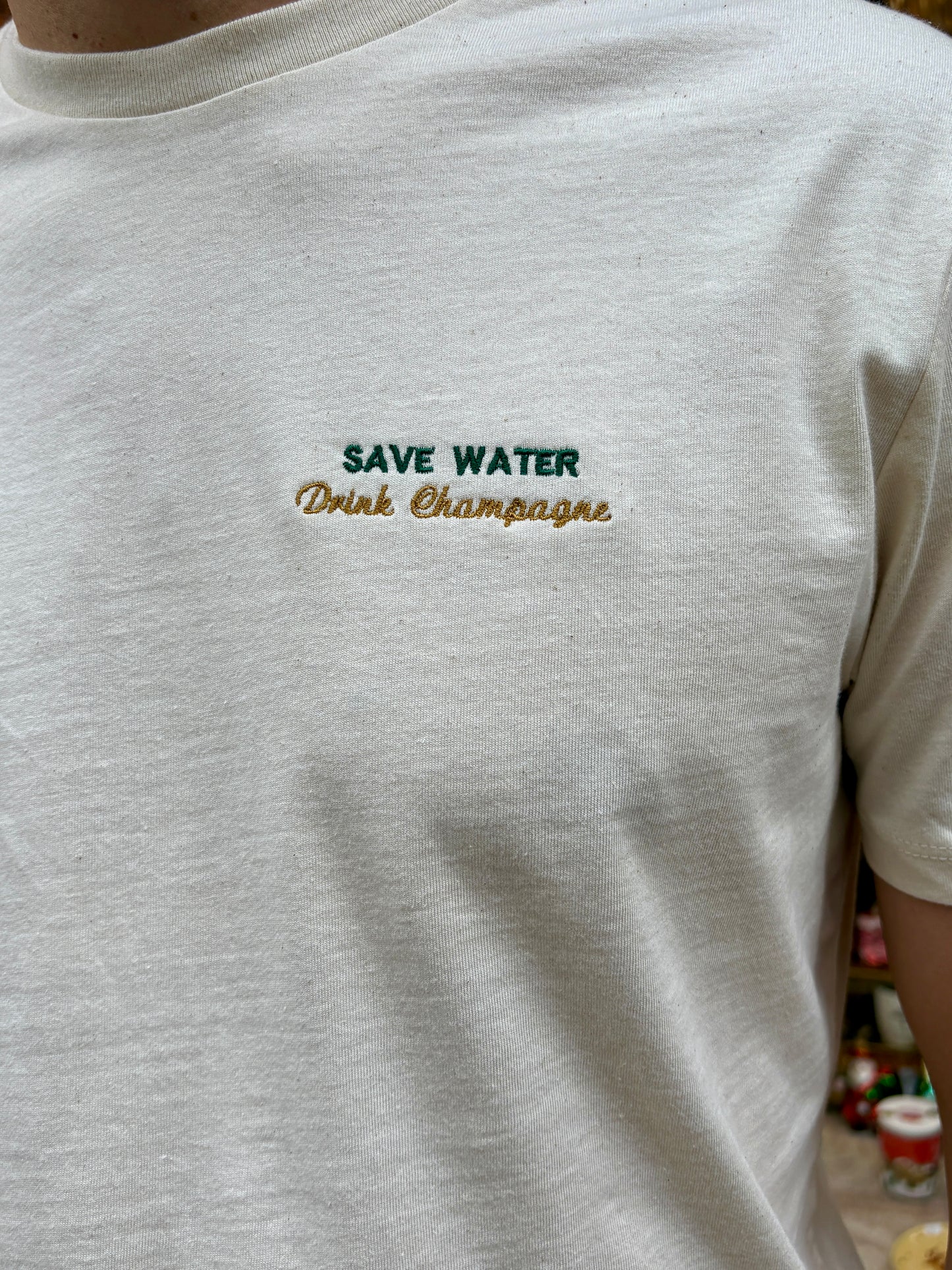 T shirt save water drink champagne